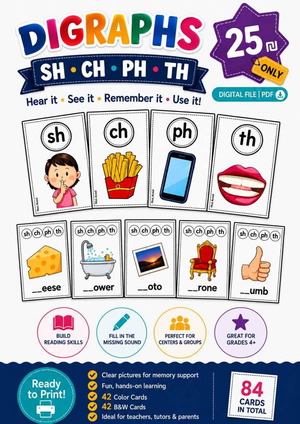 כרטיסי  Digraphs sh,ch,th,ph - productImageAlt